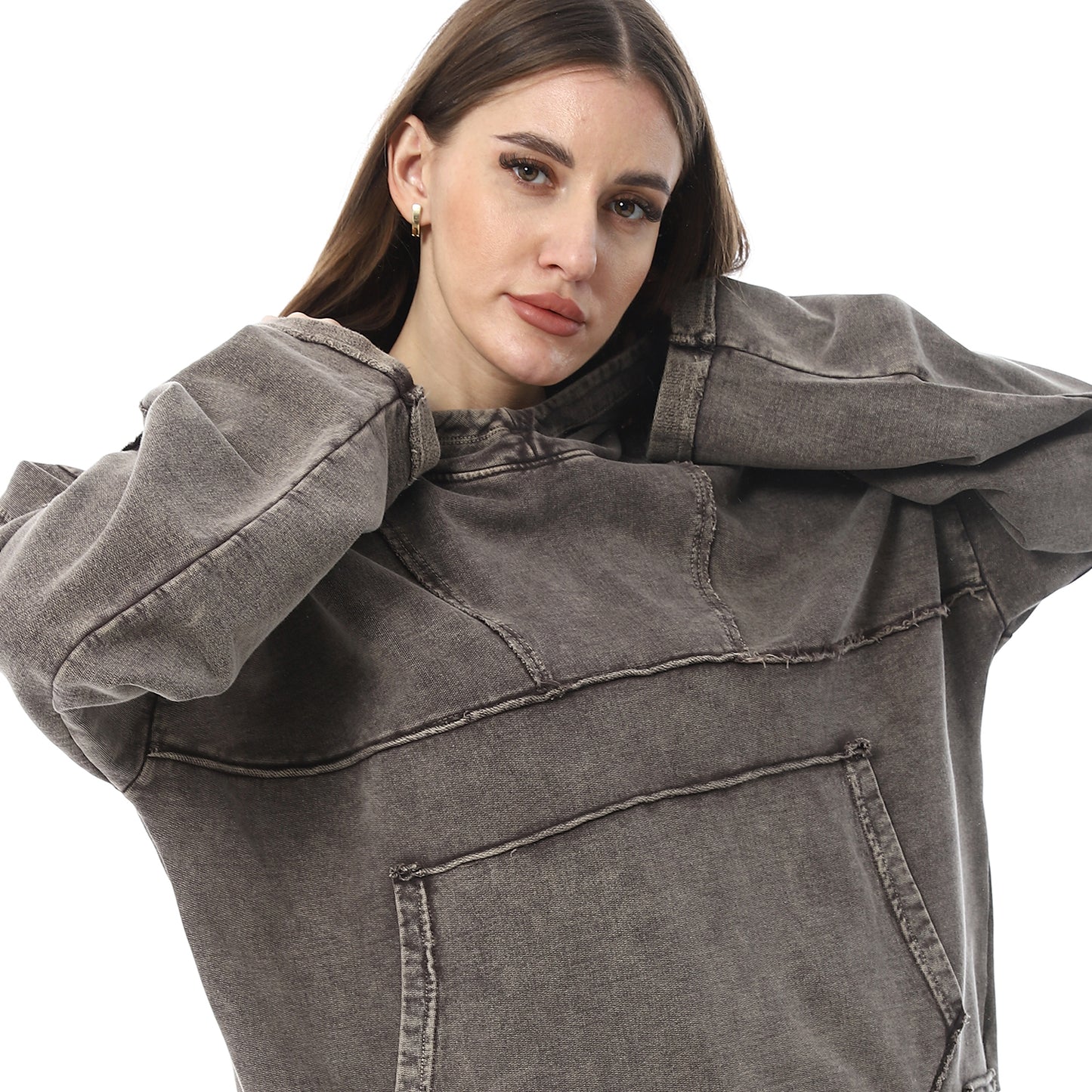 XTCY sweatshirt with a hood and a cut at the chest for women