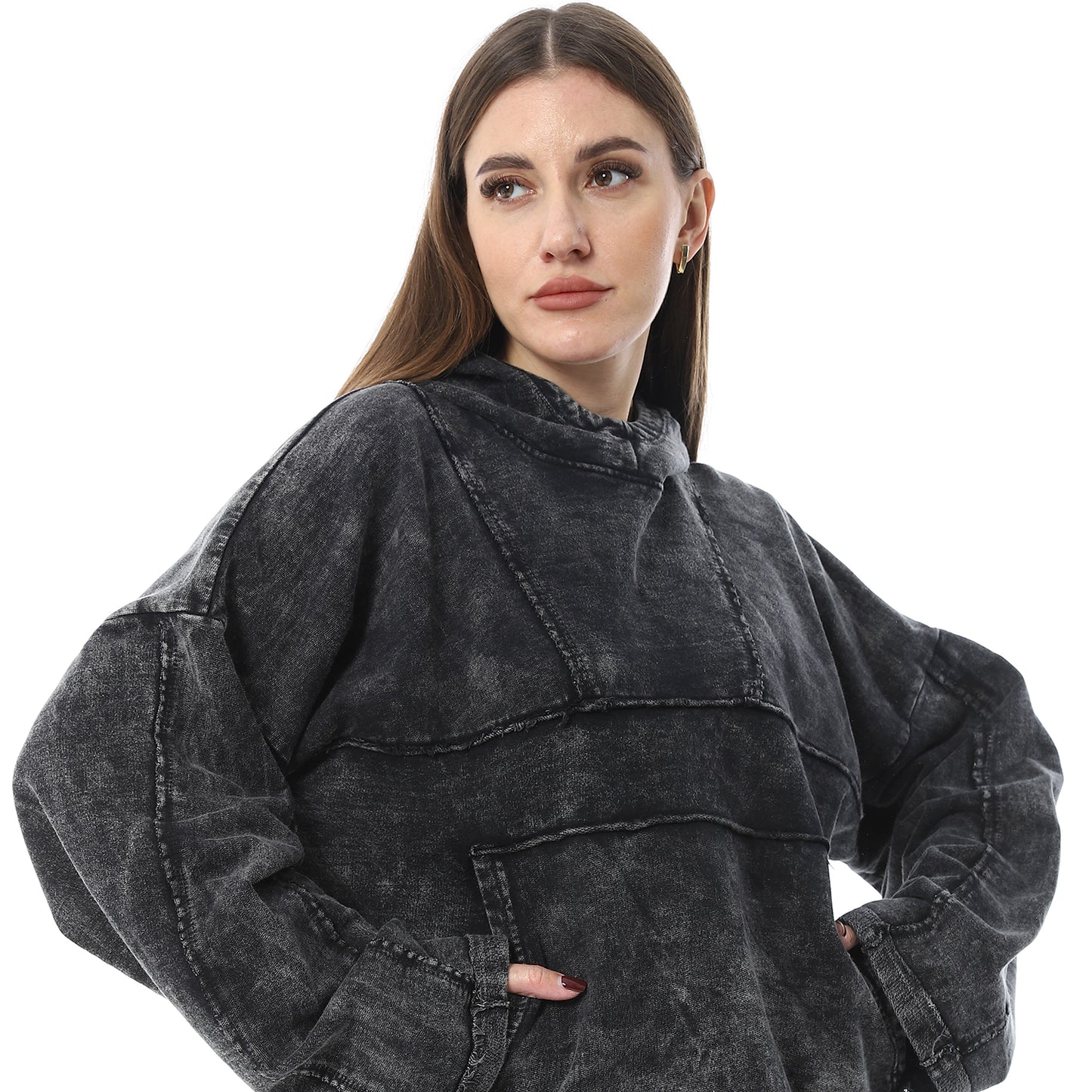 XTCY sweatshirt with a hood and a cut at the chest for women