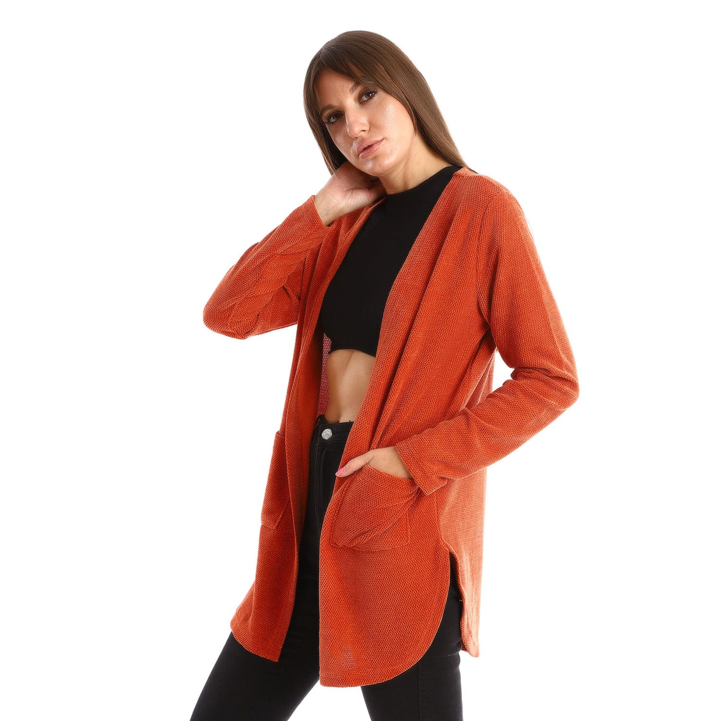 Velour Knitted Long Cardigan With Side Pockets