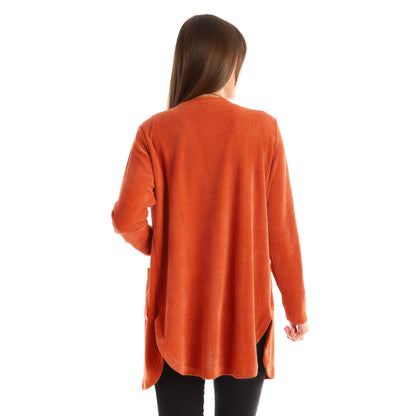 Velour Knitted Long Cardigan With Side Pockets