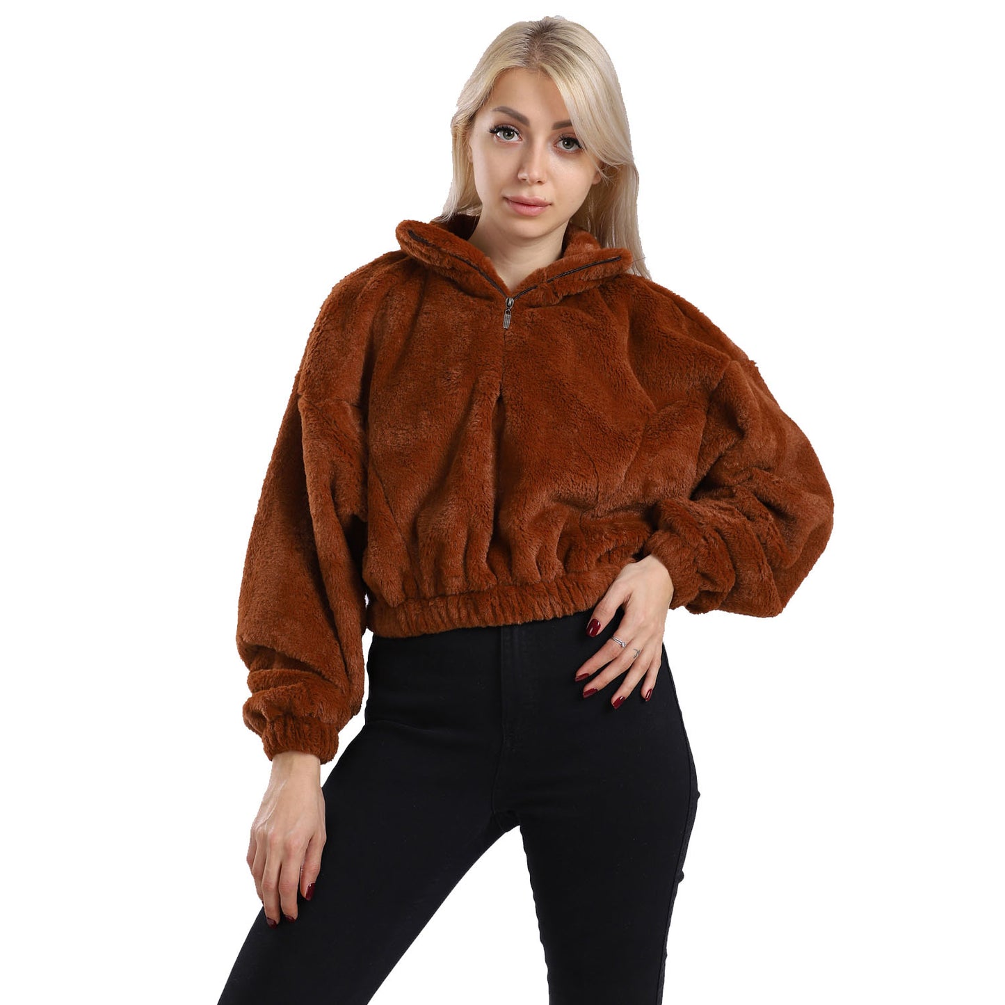 Furry Cropped Zipped Fleece Jacket