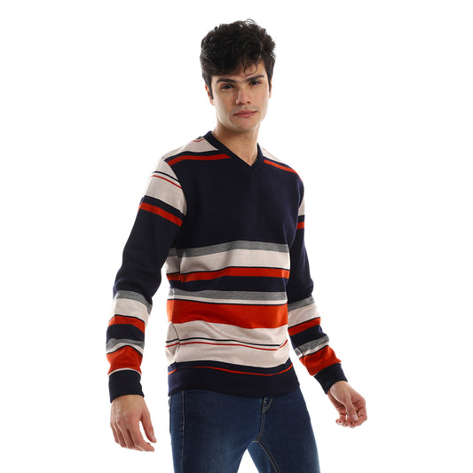 Striped V-Neck Fleeced Pullover