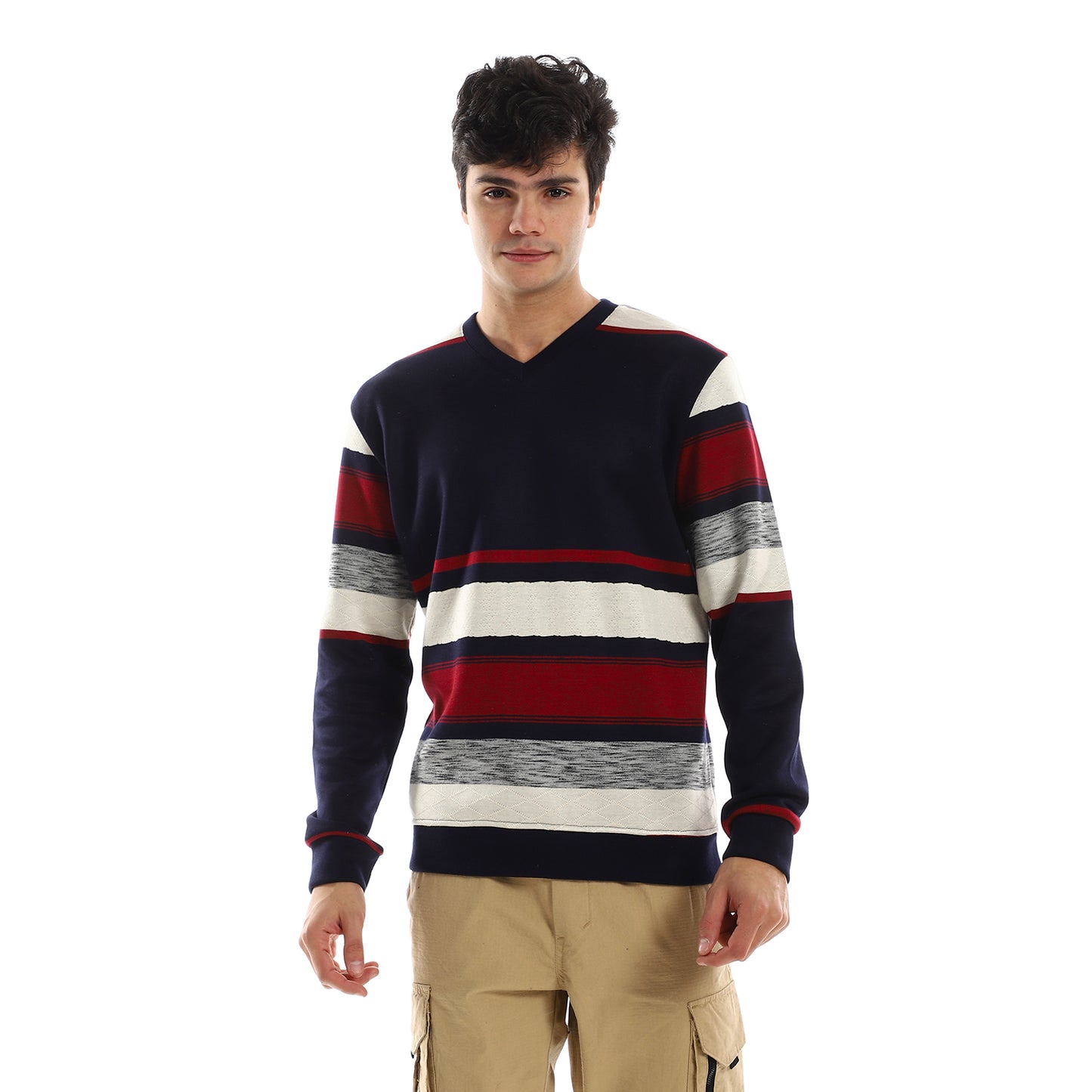 Striped V-Neck Fleeced Pullover