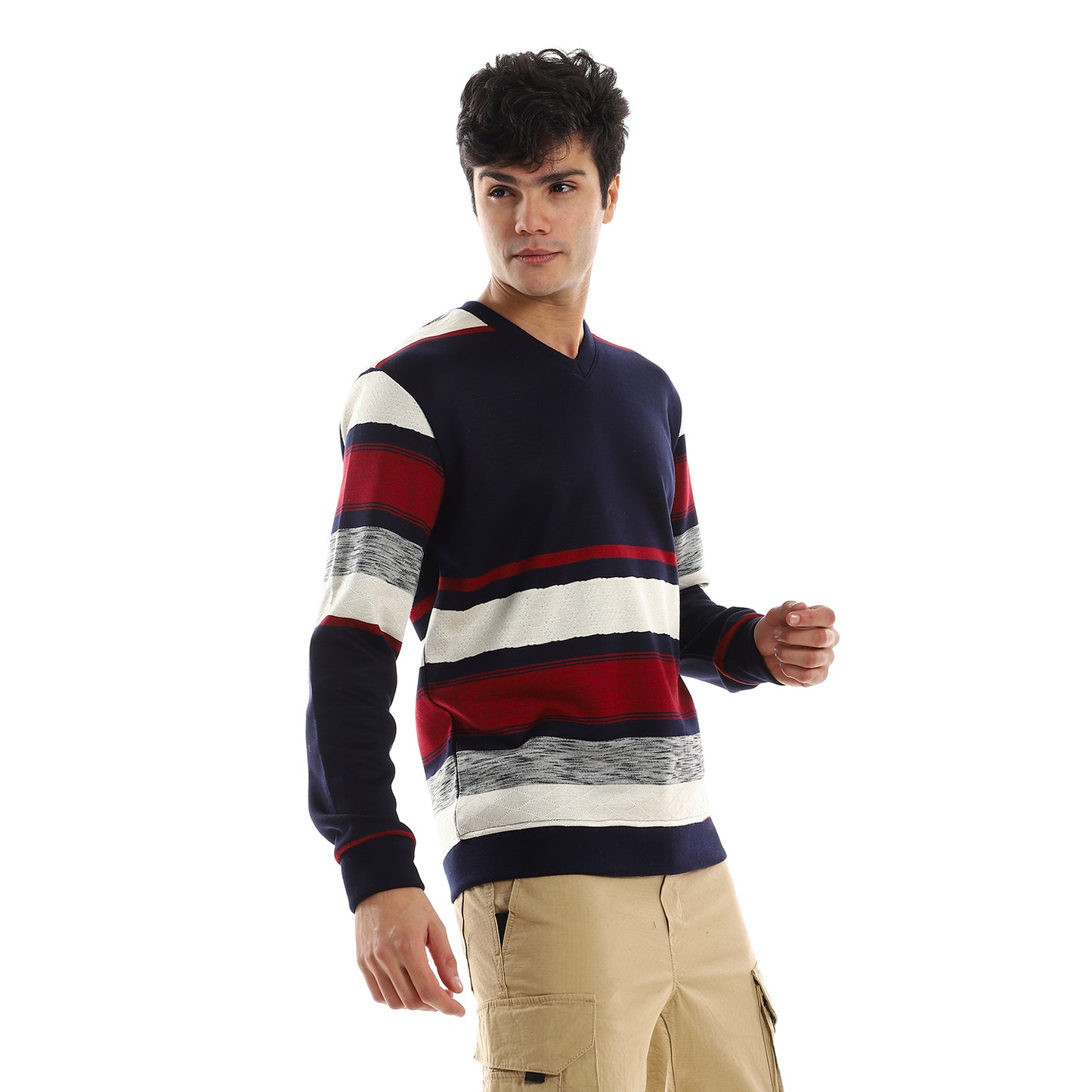 Striped V-Neck Fleeced Pullover