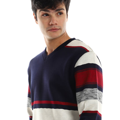 Striped V-Neck Fleeced Pullover