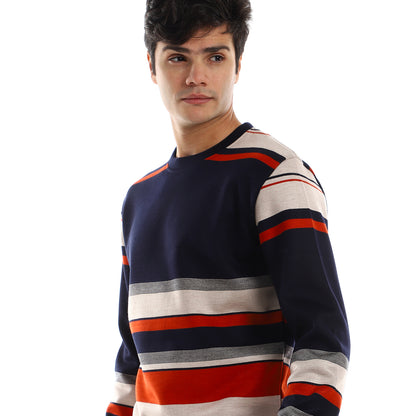 Striped Round Neck Fleece Sweatshirt