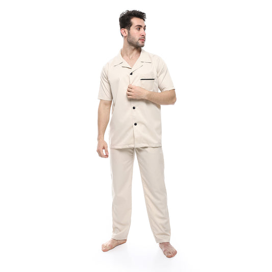 Off Cliff Turn Down Collar Elastic Waist Pajama Set men