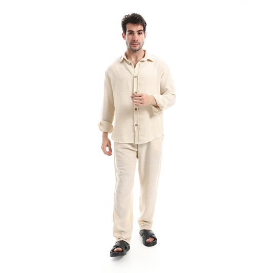 طقم بنطلون كتان خفيف الوزن بزر إغلاق