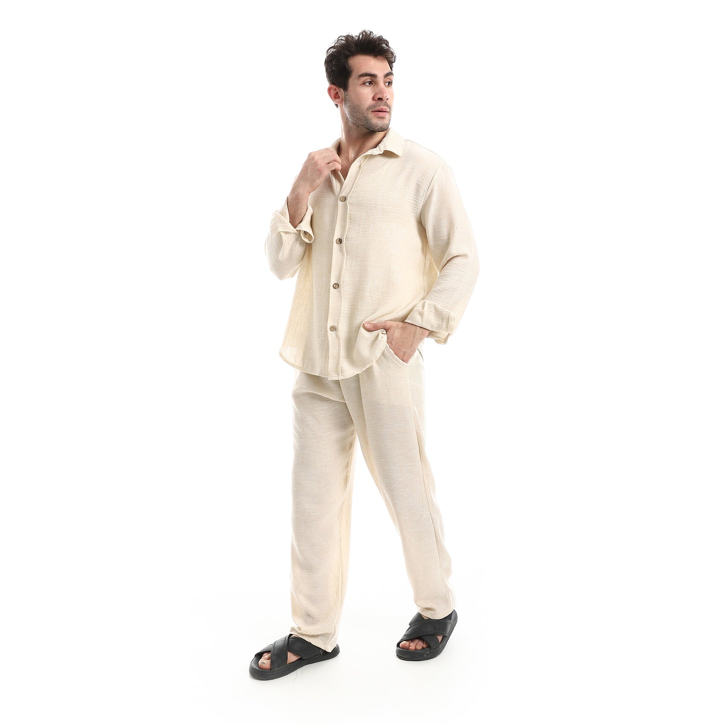 طقم بنطلون كتان خفيف الوزن بزر إغلاق