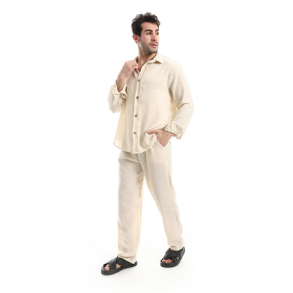 طقم بنطلون كتان خفيف الوزن بزر إغلاق