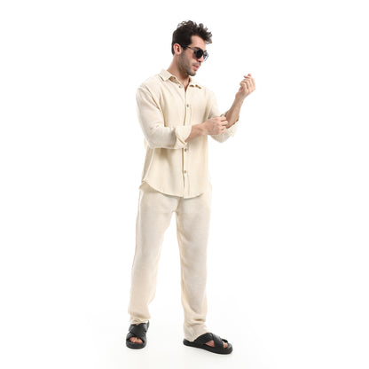 طقم بنطلون كتان خفيف الوزن بزر إغلاق