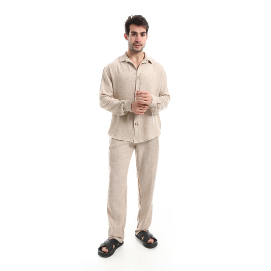 طقم بنطلون كتان خفيف الوزن بزر إغلاق