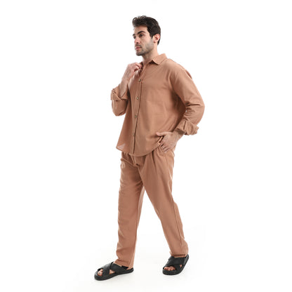 طقم بنطلون سادة بأكمام طويلة وكاجوال
