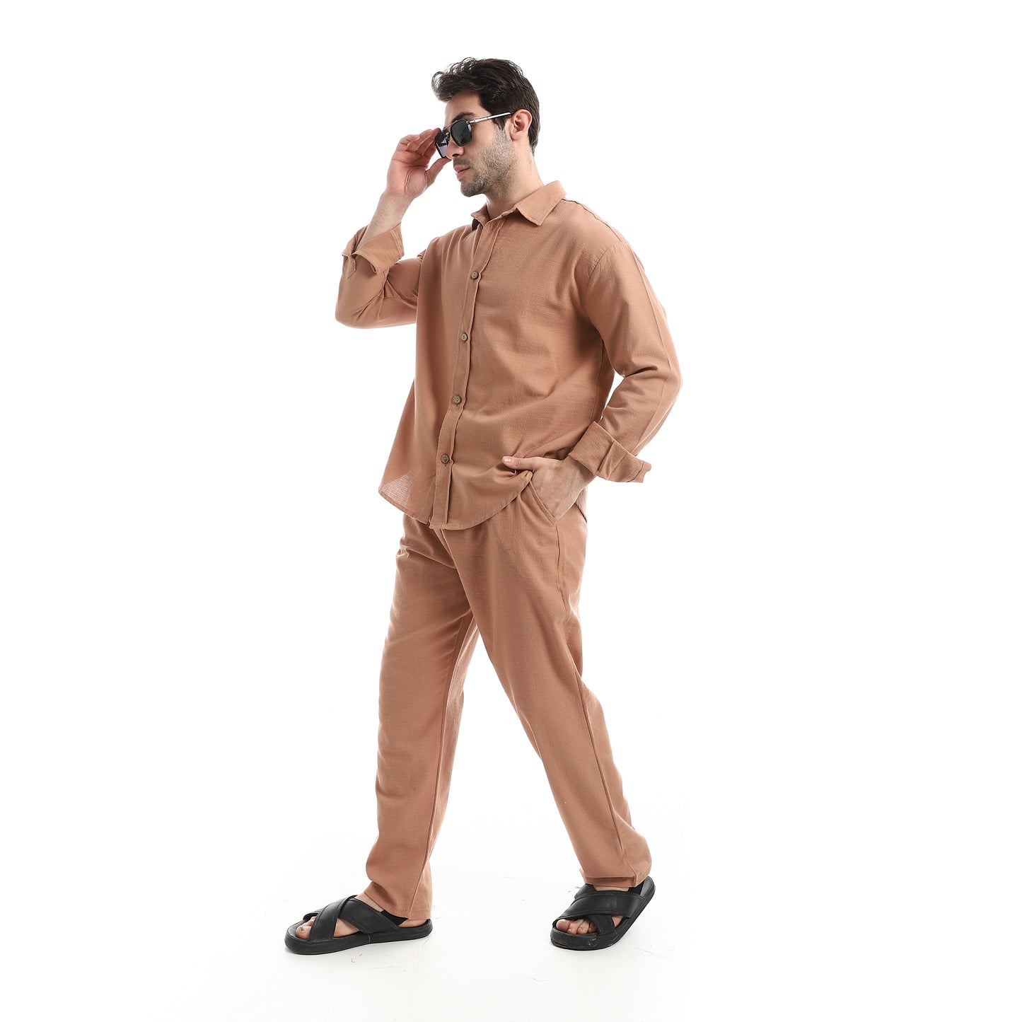 طقم بنطلون سادة بأكمام طويلة وكاجوال