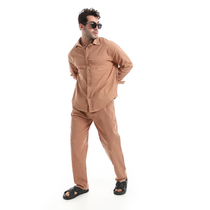 طقم بنطلون سادة بأكمام طويلة وكاجوال