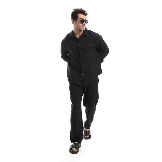 طقم بنطلون سادة بأكمام طويلة وكاجوال