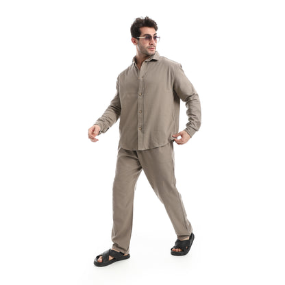 طقم بنطلون سادة بأكمام طويلة وكاجوال