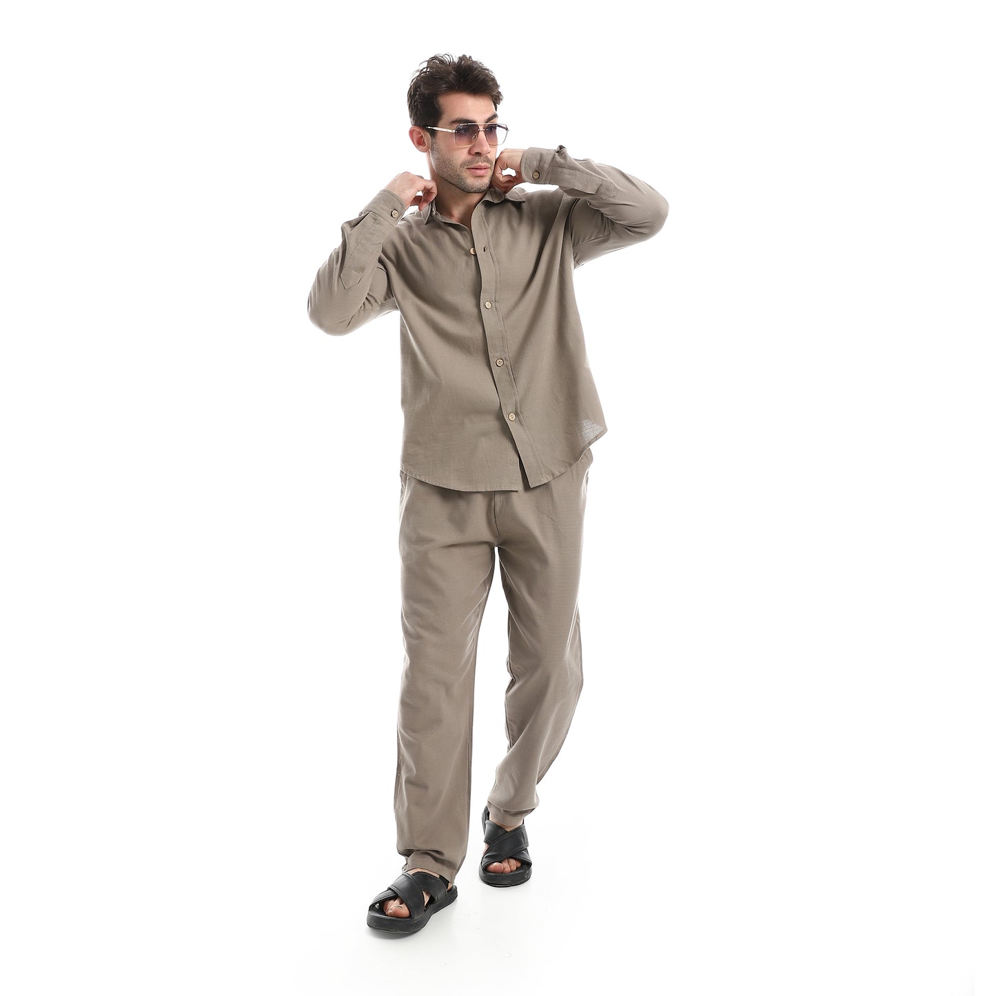 طقم بنطلون سادة بأكمام طويلة وكاجوال
