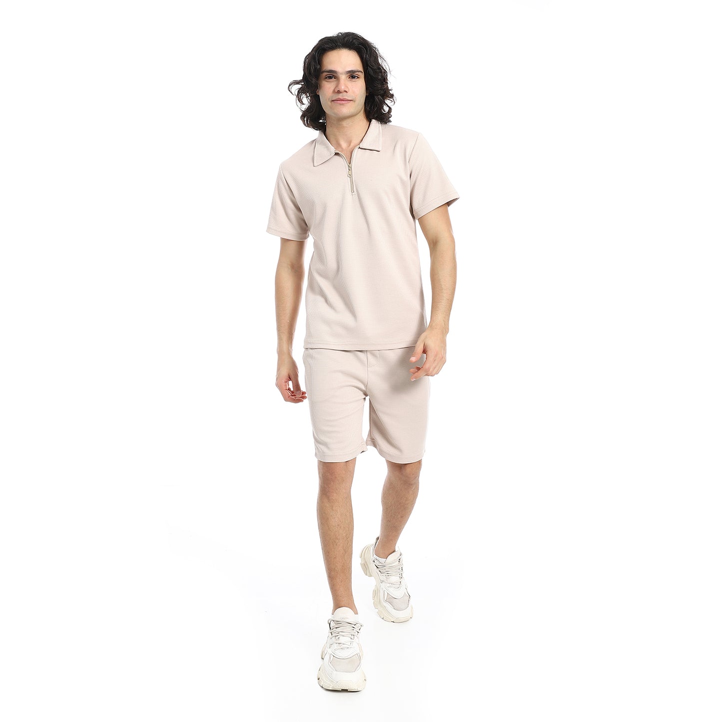 White Turn Down Collar Zipped T-Shirt and Shorts Set