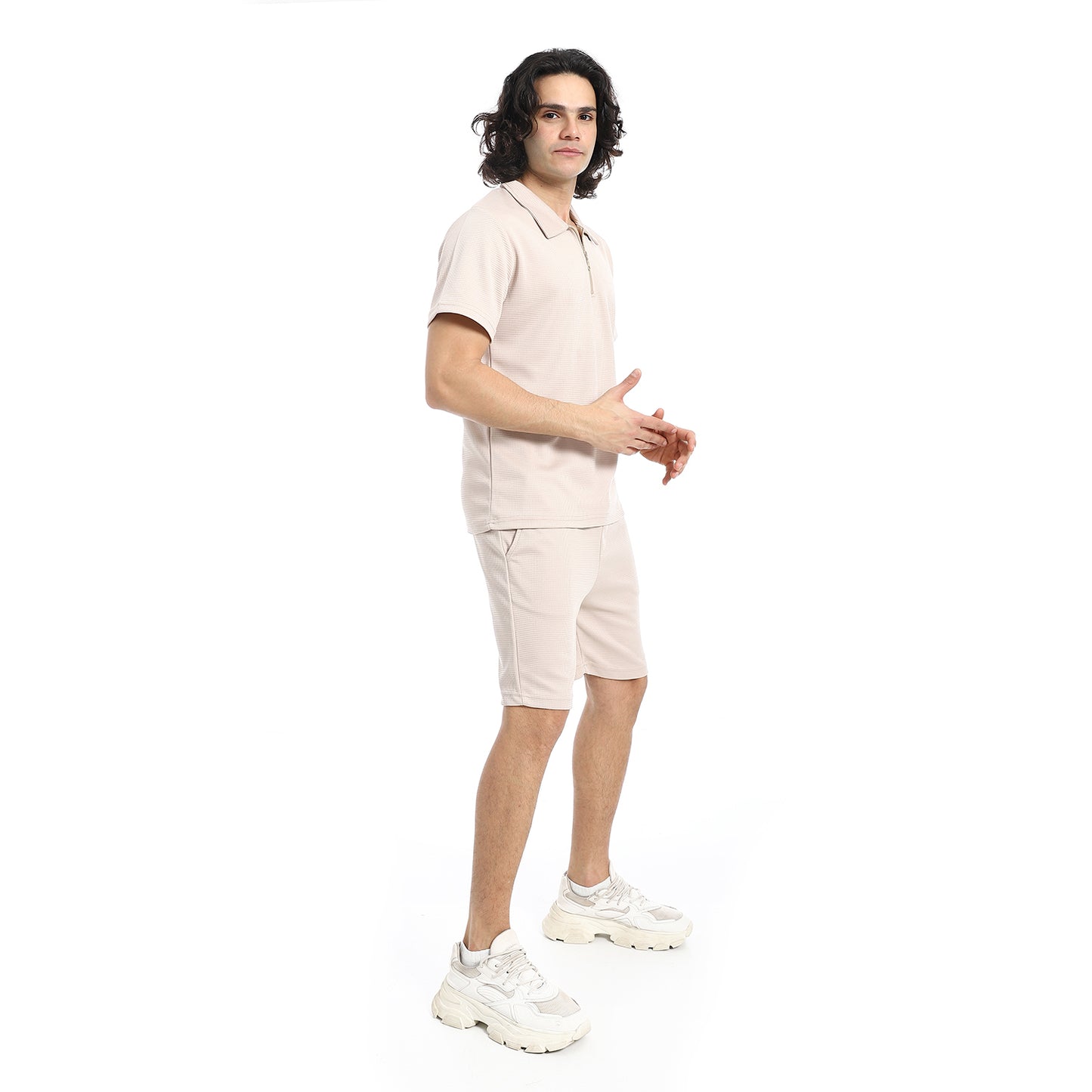 White Turn Down Collar Zipped T-Shirt and Shorts Set