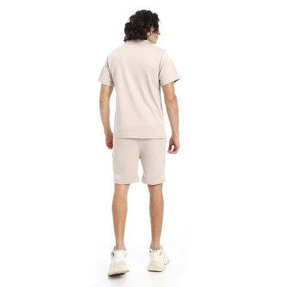 White Turn Down Collar Zipped T-Shirt and Shorts Set