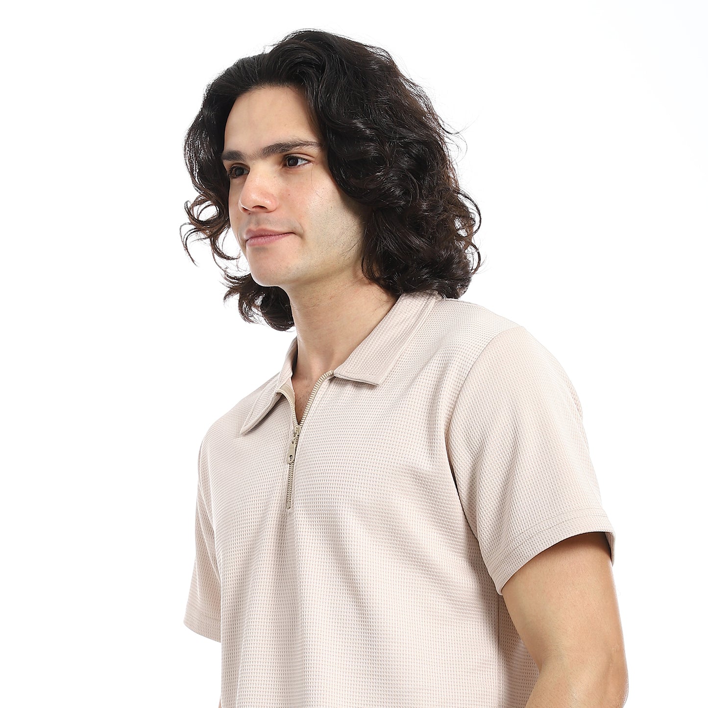 White Turn Down Collar Zipped T-Shirt and Shorts Set