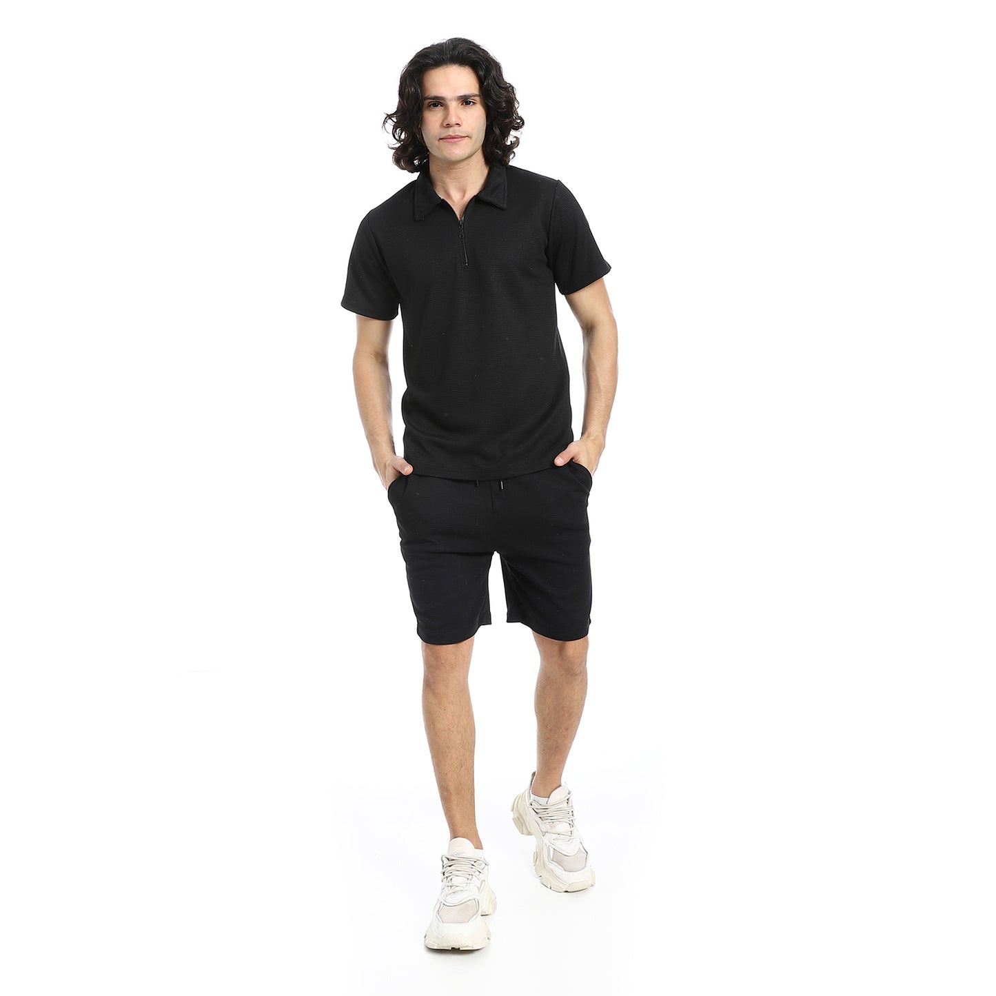 White Turn Down Collar Zipped T-Shirt and Shorts Set