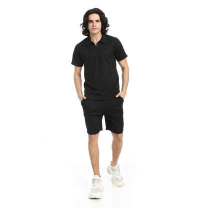 White Turn Down Collar Zipped T-Shirt and Shorts Set