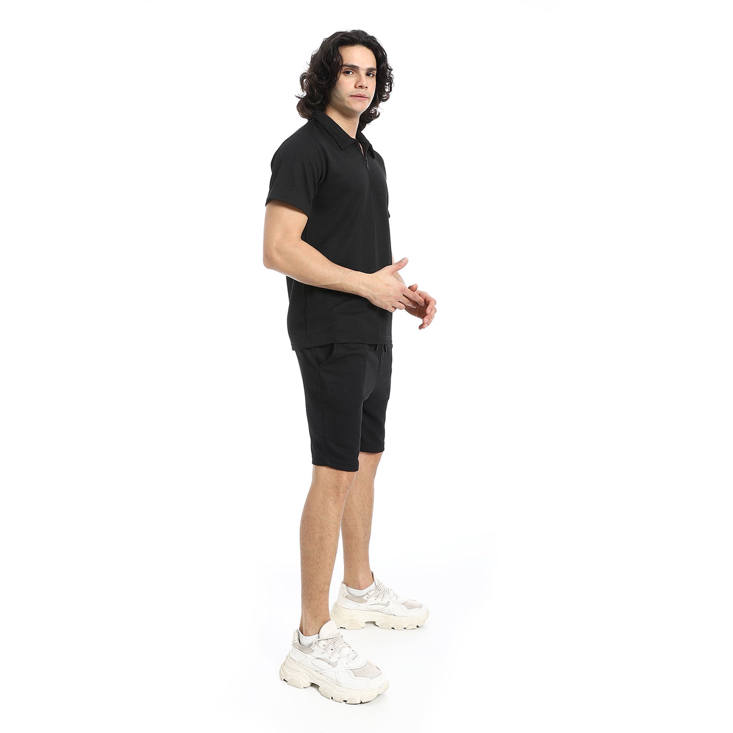 White Turn Down Collar Zipped T-Shirt and Shorts Set