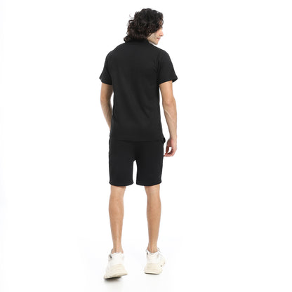 White Turn Down Collar Zipped T-Shirt and Shorts Set