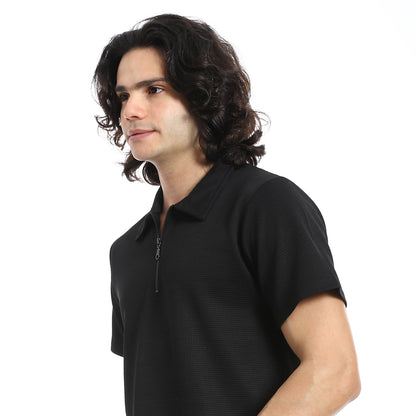 White Turn Down Collar Zipped T-Shirt and Shorts Set