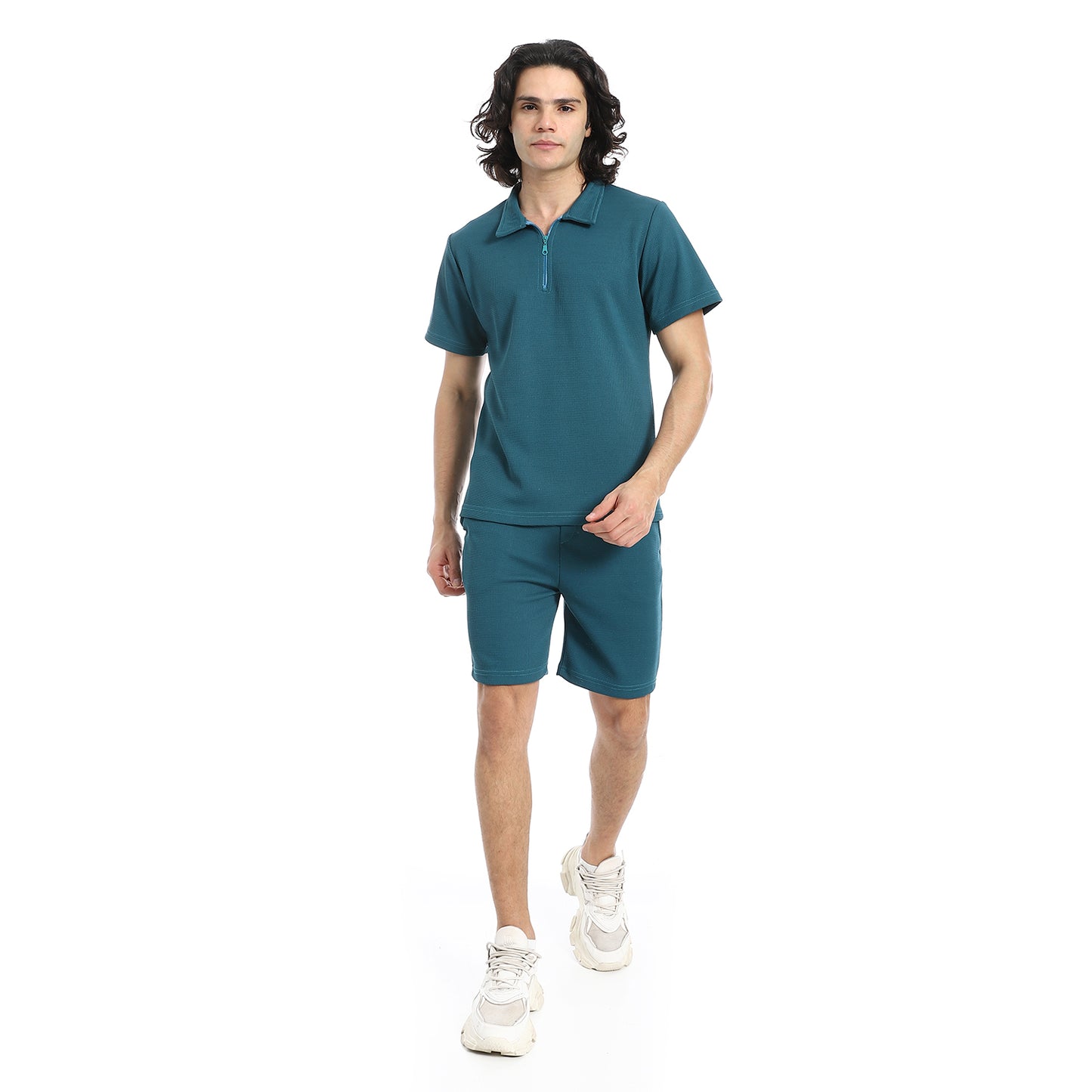 White Turn Down Collar Zipped T-Shirt and Shorts Set