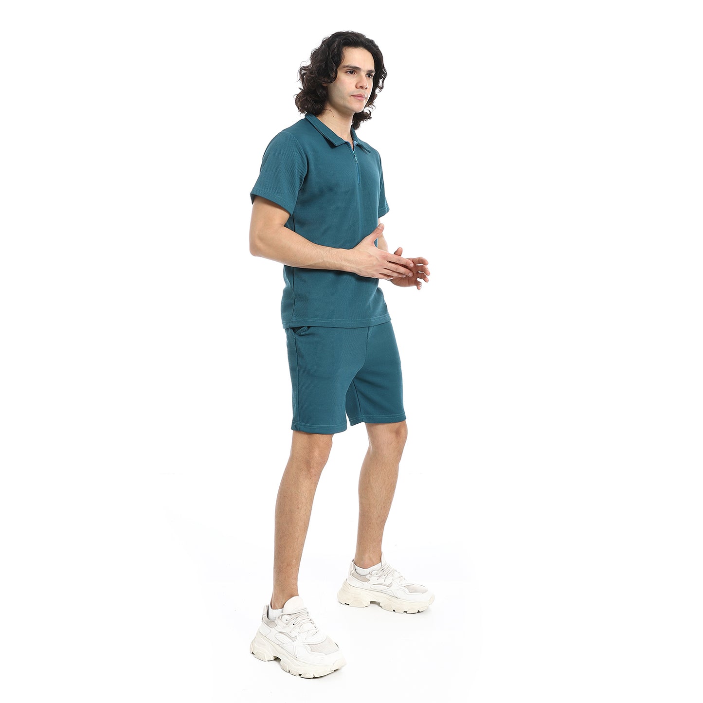 White Turn Down Collar Zipped T-Shirt and Shorts Set