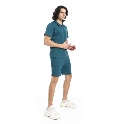 White Turn Down Collar Zipped T-Shirt and Shorts Set
