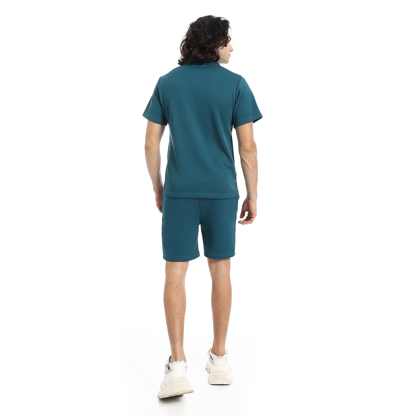 White Turn Down Collar Zipped T-Shirt and Shorts Set