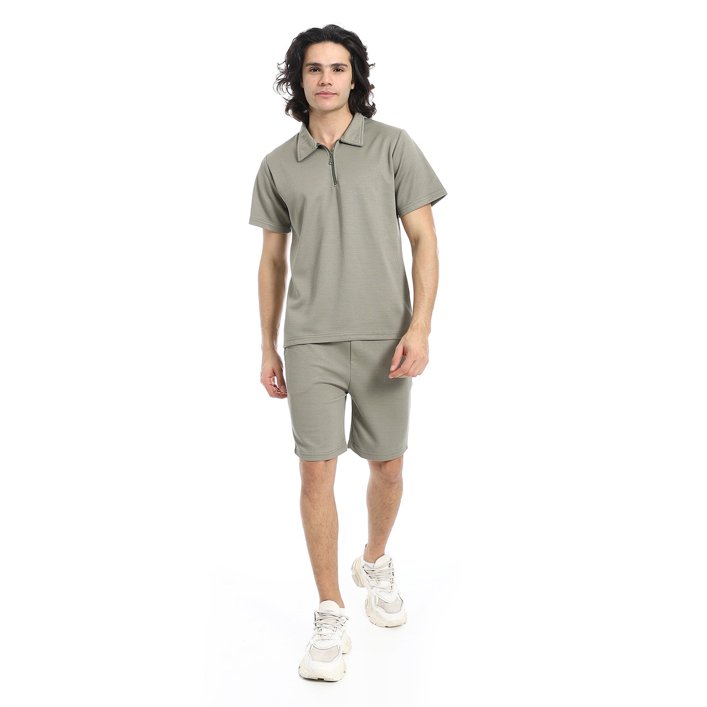 White Turn Down Collar Zipped T-Shirt and Shorts Set