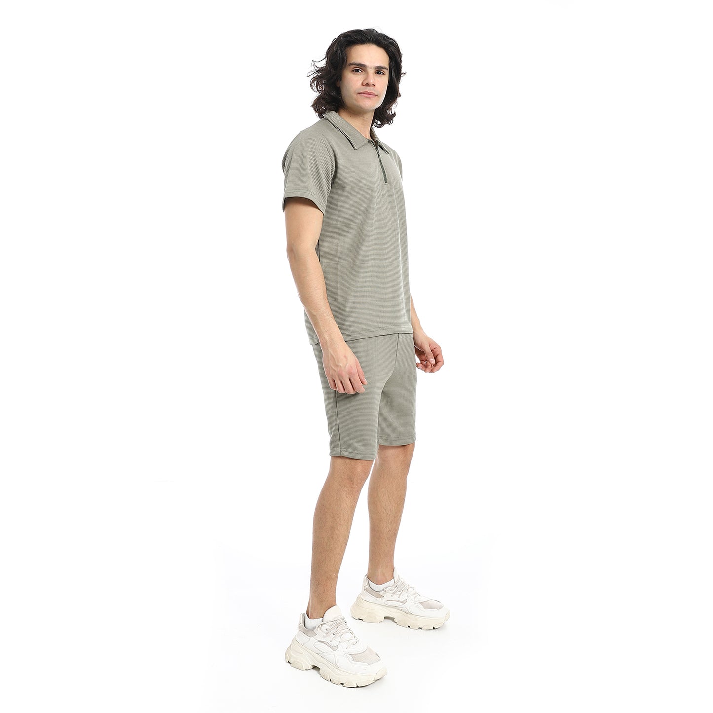 White Turn Down Collar Zipped T-Shirt and Shorts Set