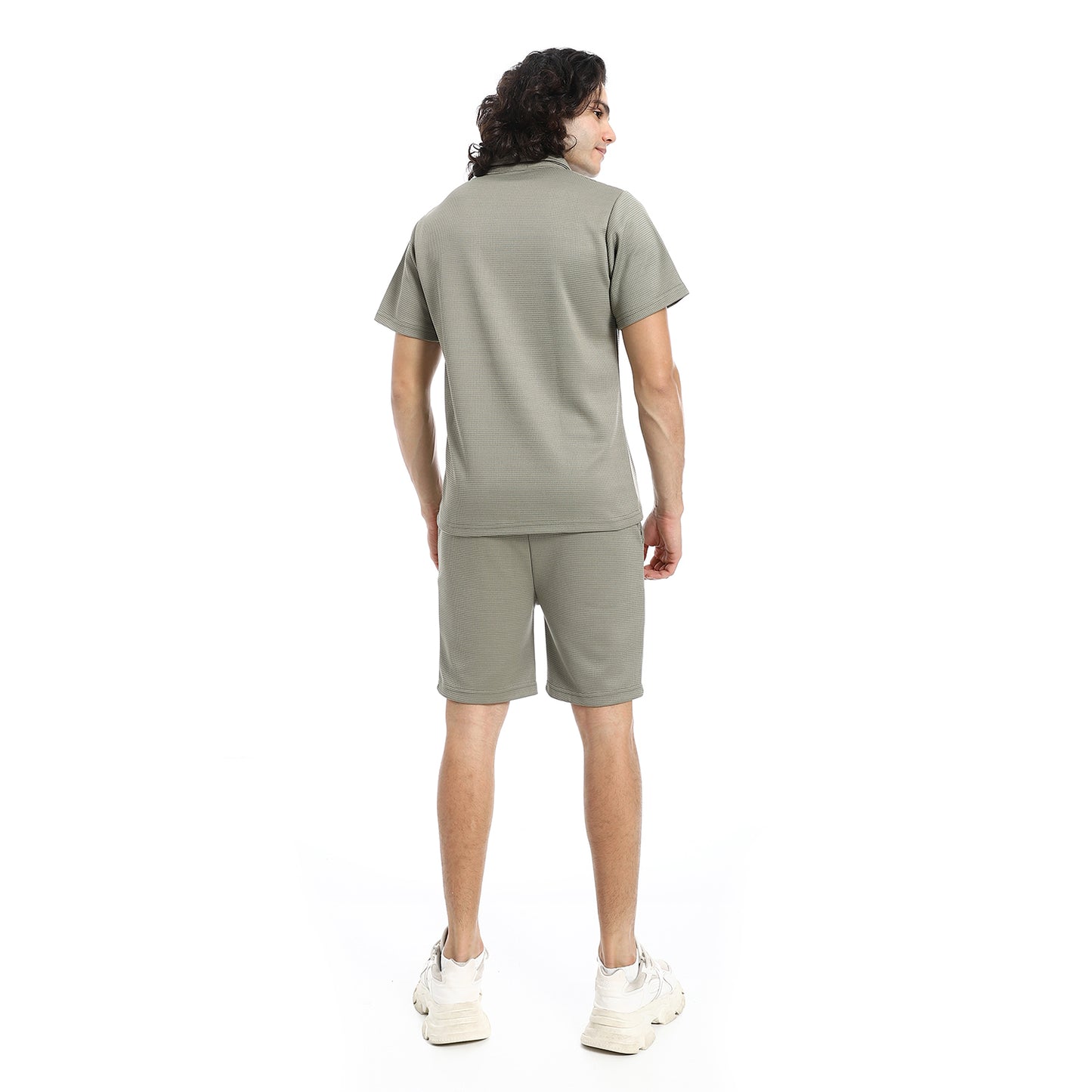 White Turn Down Collar Zipped T-Shirt and Shorts Set