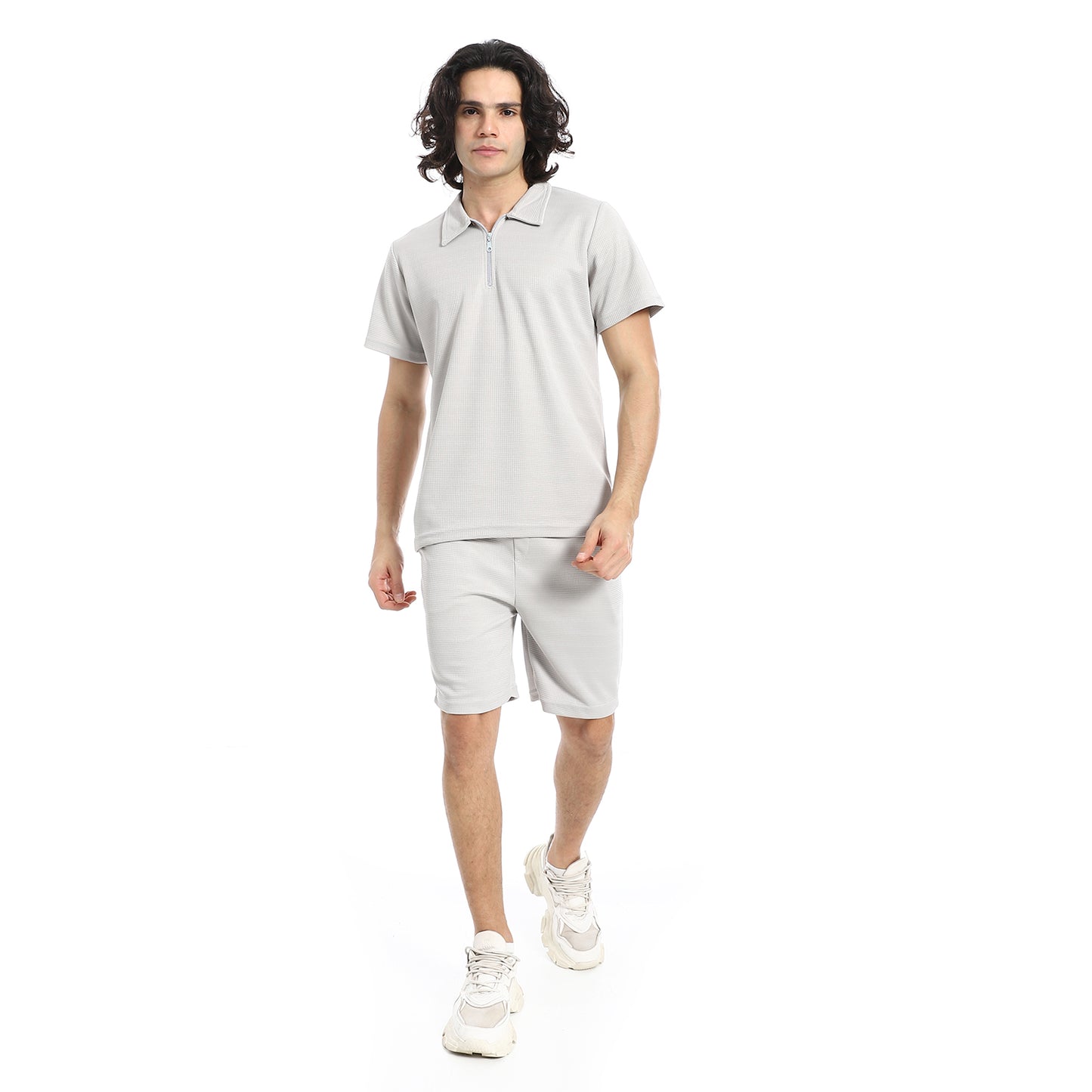 White Turn Down Collar Zipped T-Shirt and Shorts Set