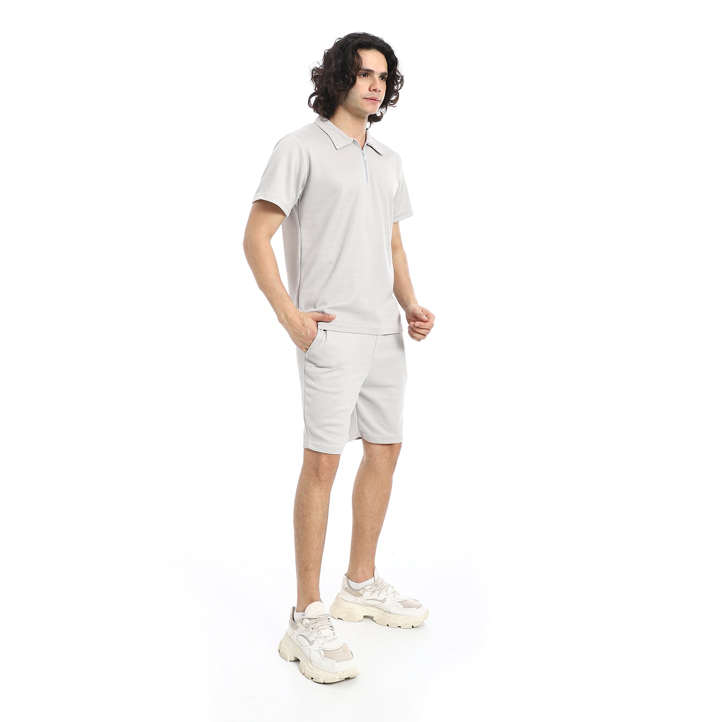 White Turn Down Collar Zipped T-Shirt and Shorts Set