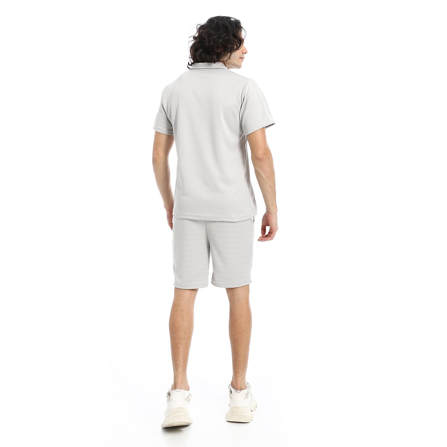 White Turn Down Collar Zipped T-Shirt and Shorts Set