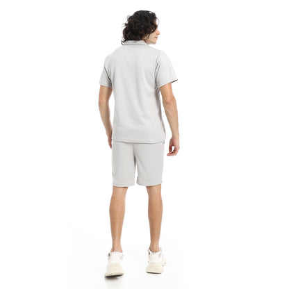 White Turn Down Collar Zipped T-Shirt and Shorts Set