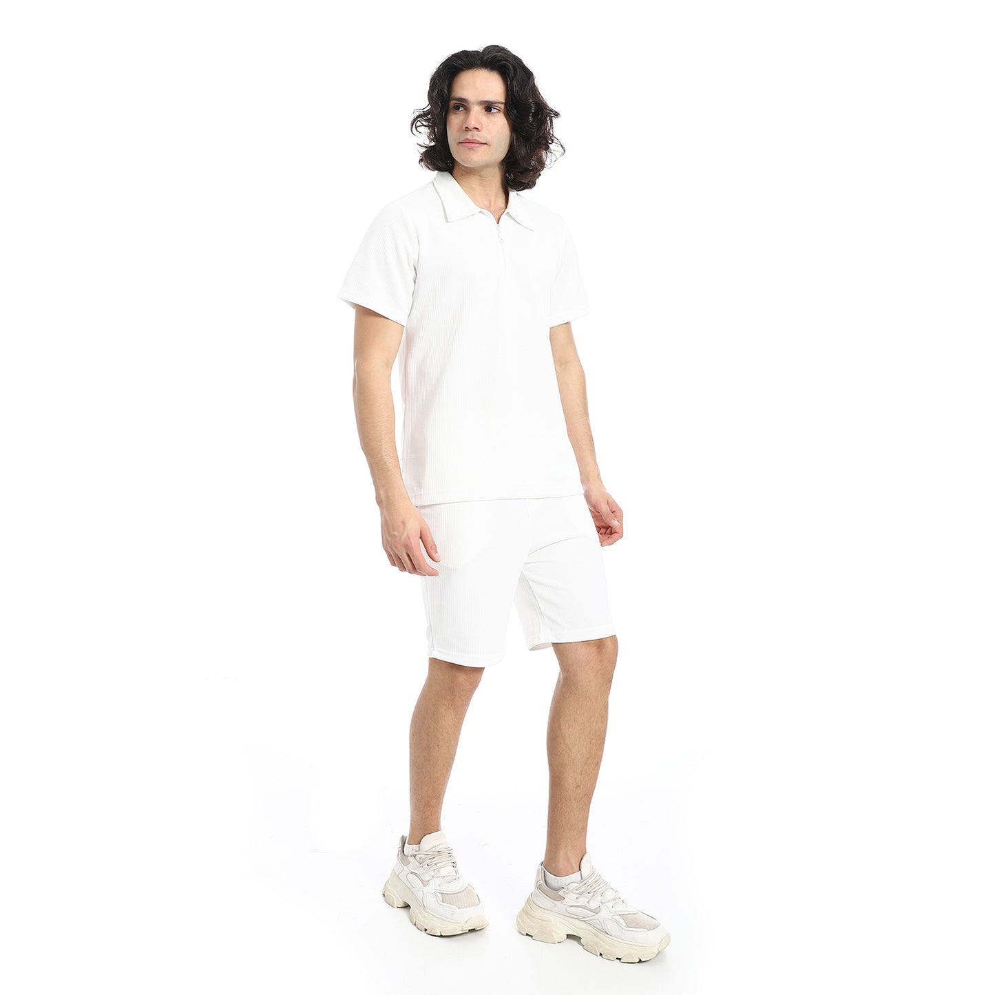 White Turn Down Collar Zipped T-Shirt and Shorts Set
