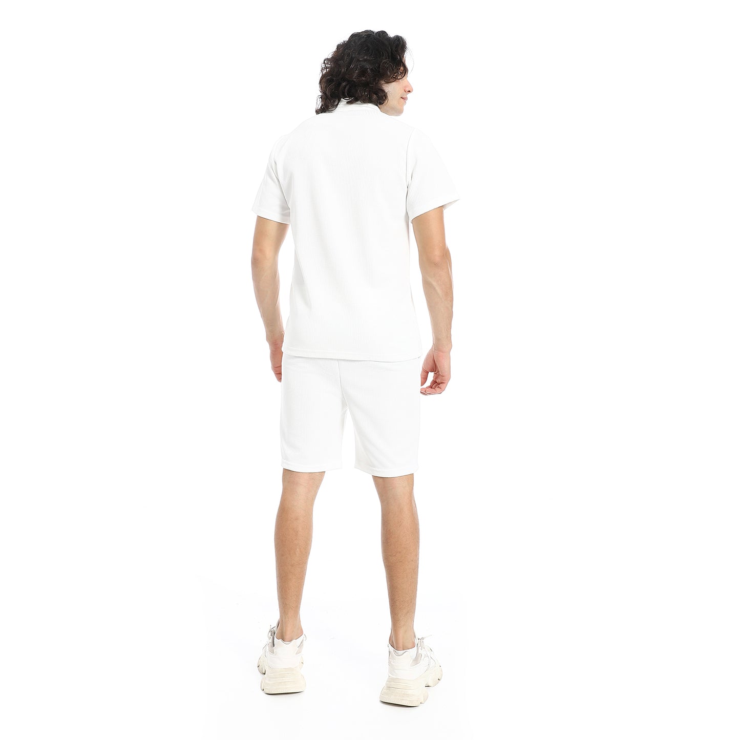 White Turn Down Collar Zipped T-Shirt and Shorts Set