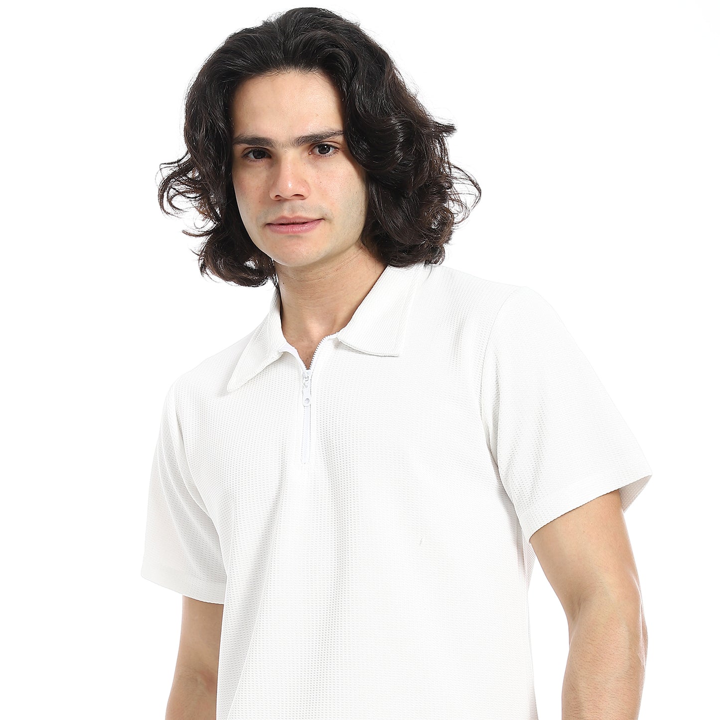 White Turn Down Collar Zipped T-Shirt and Shorts Set
