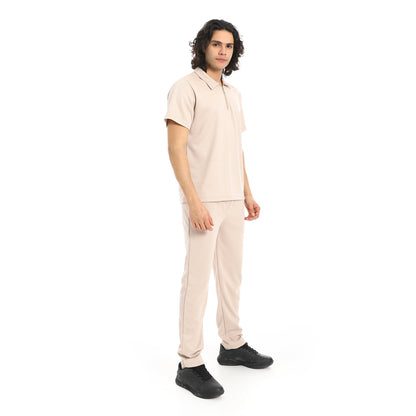 Turn Down Collar Pique T Shirt and Pants Set