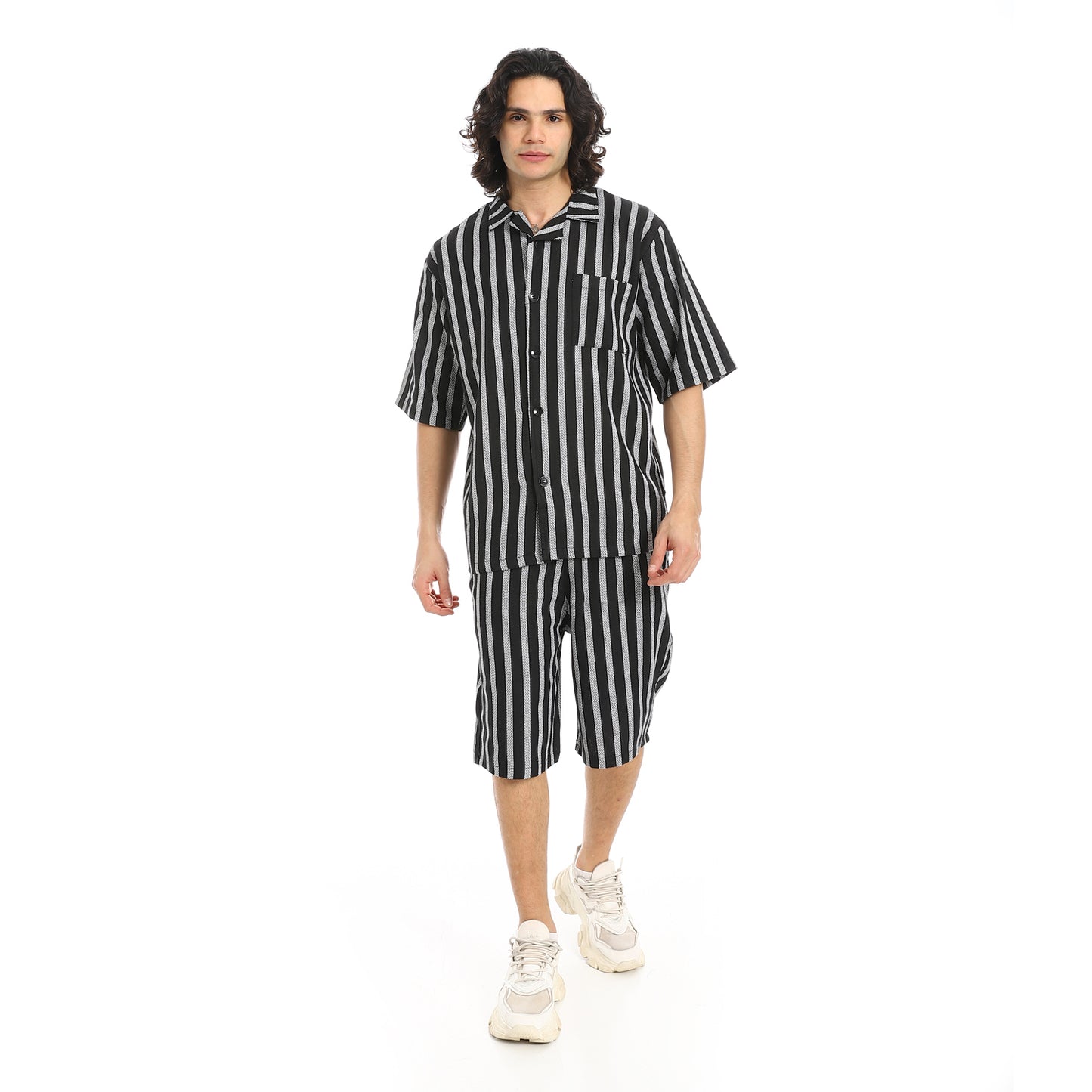 Striped Buttons Closure Shirt and Shorts Set
