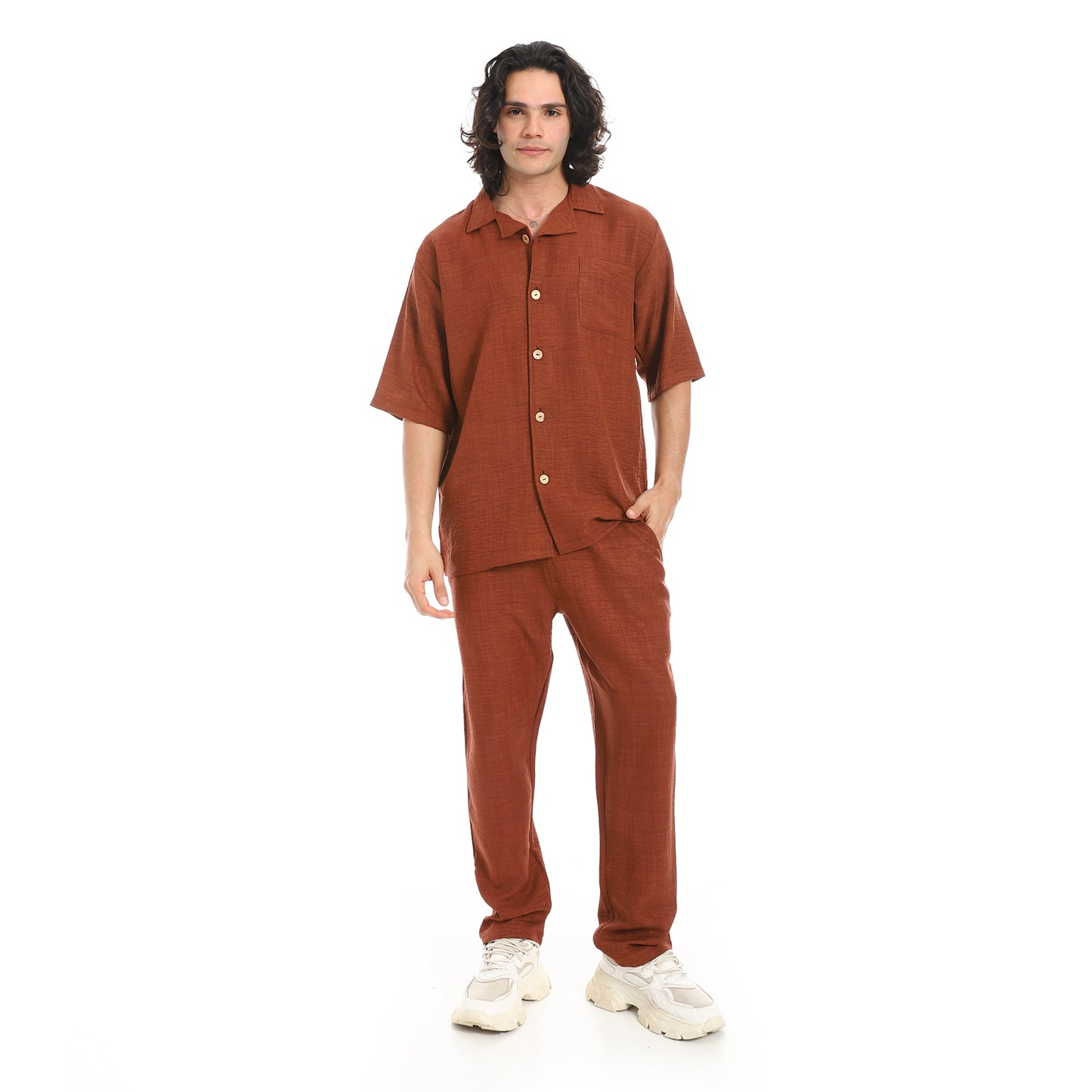 Linen Turn Down Collar Shirt and Pants Set
