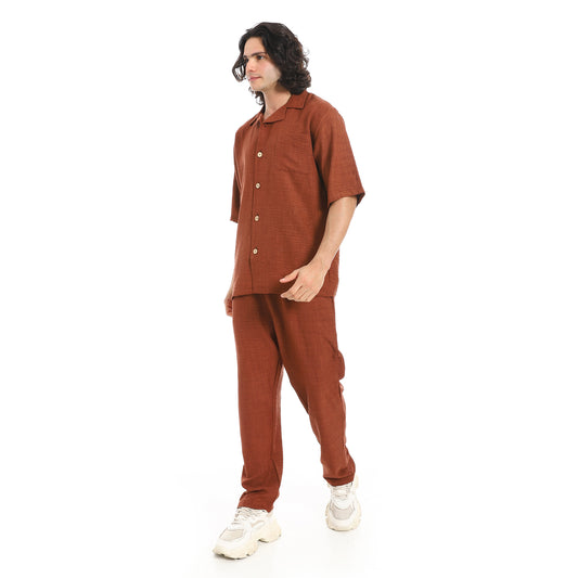 Linen Turn Down Collar Shirt and Pants Set