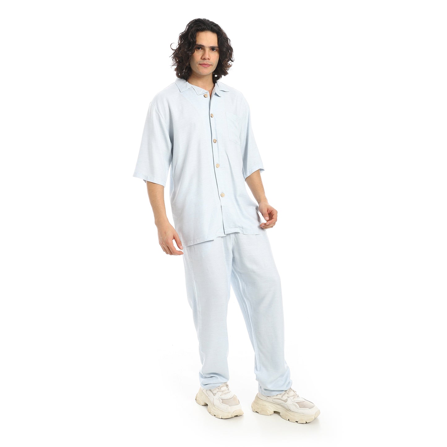 Short Sleeves Plain Pastel Shirt and Pants Set